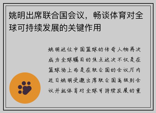 姚明出席联合国会议，畅谈体育对全球可持续发展的关键作用