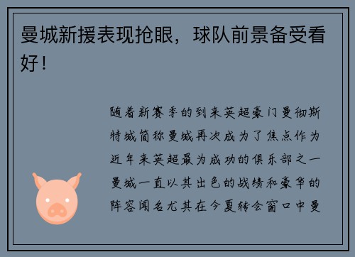 曼城新援表现抢眼，球队前景备受看好！