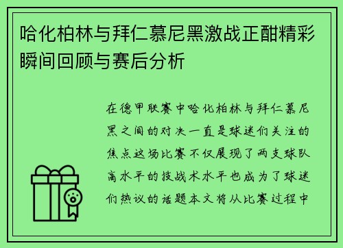 哈化柏林与拜仁慕尼黑激战正酣精彩瞬间回顾与赛后分析